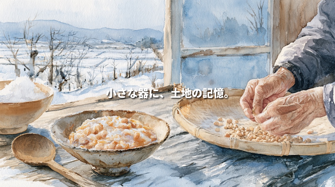 Watercolor illustration of a bowl of godo, a fermented soybean food from Towada, Aomori, beside hands sorting soybeans, with snowy fields beyond a window. Japanese text reads, “Memories of the land in a small bowl.”