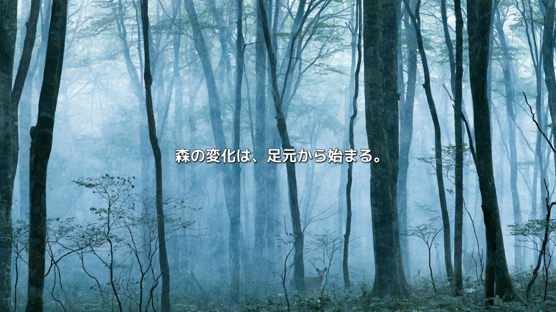 **代替テキスト** > 青い霧に包まれた白神山地のブナ林。木々の足元に小さなシカが立ち、「森の変化は、足元から始まる。」と書かれたイラスト。