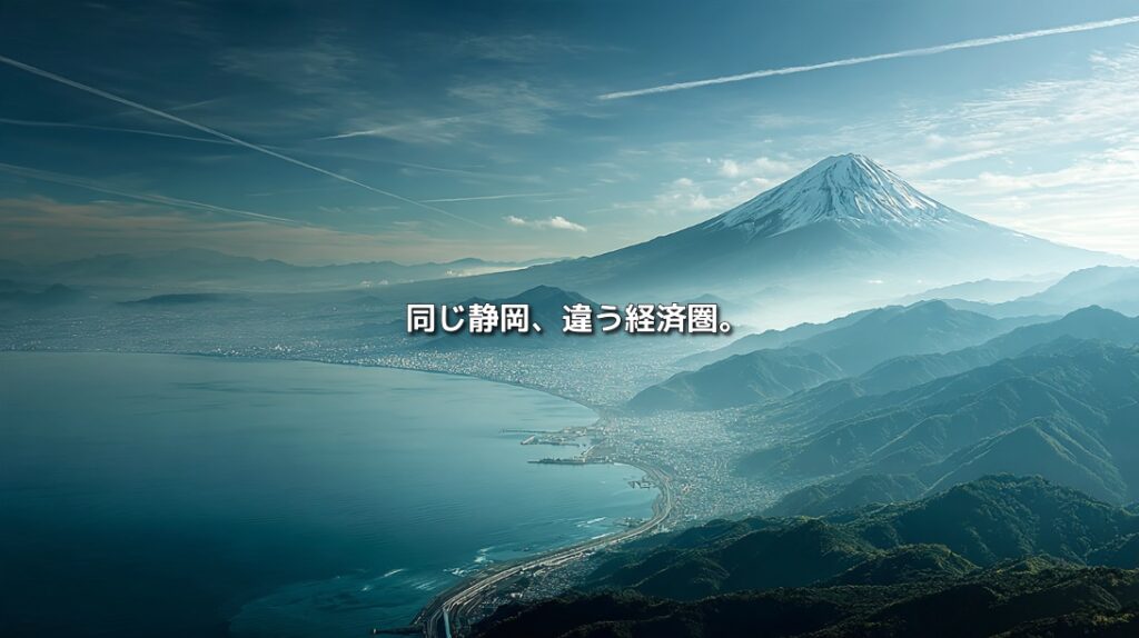 富士山と駿河湾、山並み、沿岸都市を描いた静岡県の風景に、「同じ静岡、違う経済圏。」という文字を重ねた画像。