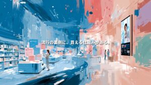 Blue and coral illustration of a beauty store with product displays, shoppers and a vertical video screen, with Japanese text reading “Behind trends lies a system that makes buying possible.”