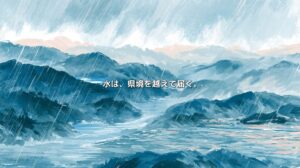 雨が降る四国の山々から川が平野へ流れる絵画調のイラスト。「水は、県境を越えて届く。」の文字が重なる