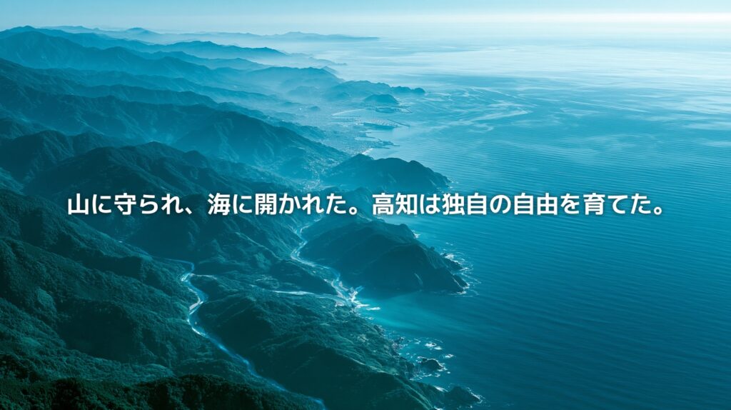 四国山地の深い山並みと太平洋へ続く海岸線を俯瞰した風景。山に守られ、海に開かれた高知県の地政学を表現したアイキャッチ画像。