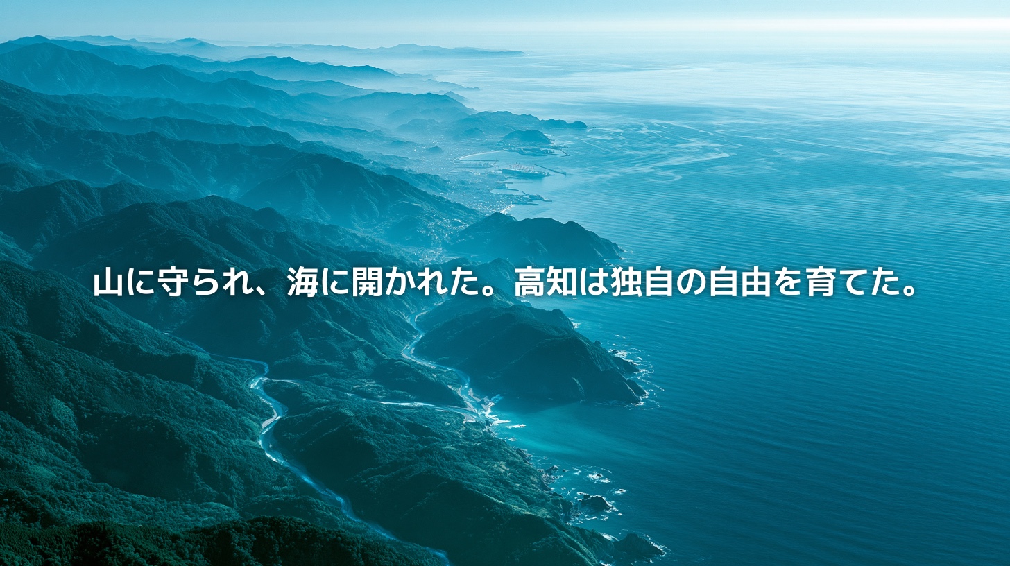 四国山地の深い山並みと太平洋へ続く海岸線を俯瞰した風景。山に守られ、海に開かれた高知県の地政学を表現したアイキャッチ画像。