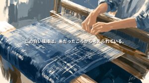 Painterly illustration of an artisan weaving indigo-and-white Yumihama kasuri on a wooden handloom. Japanese text reads, “This white pattern was planned while it was still yarn.”