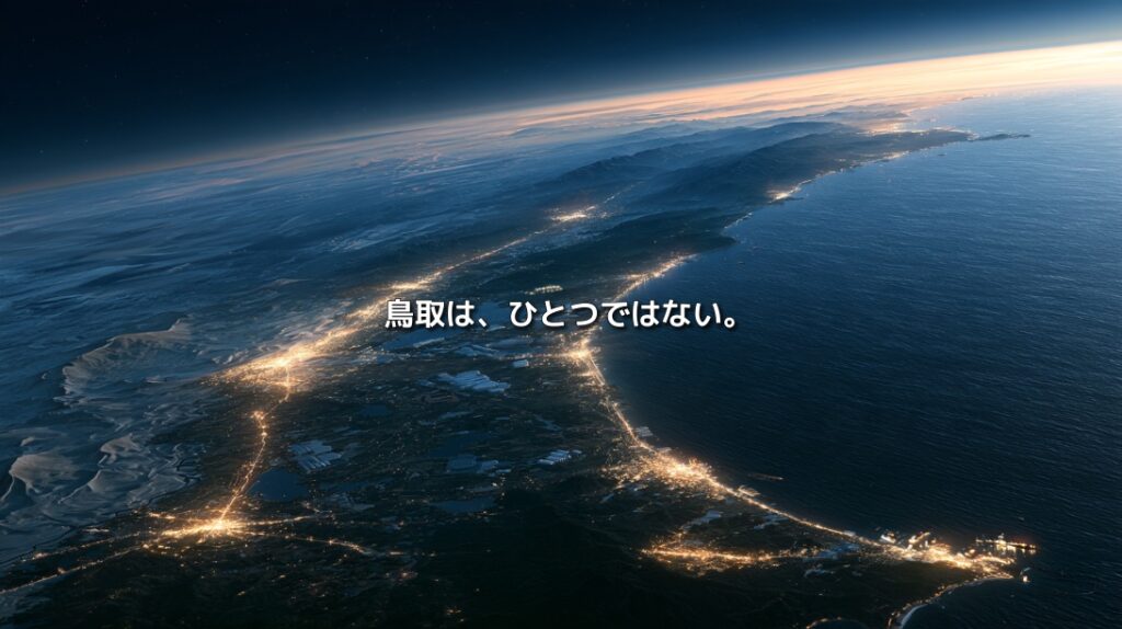 日本海と中国山地に挟まれた鳥取県を上空から捉え、東西に連なる都市の光と交通網を描いた地政学イメージ