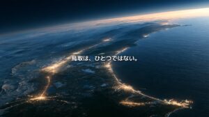 日本海と中国山地に挟まれた鳥取県を上空から捉え、東西に連なる都市の光と交通網を描いた地政学イメージ
